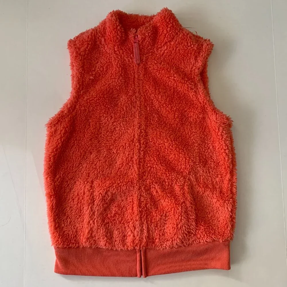 Share Old Navy girls salmon pink fleece fluffy vest jacket zipper pockets sz 14